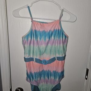 Justice Girls Tie-Dye One-Piece Belted Swimsuit in Pink, Teal, Purple, Mint